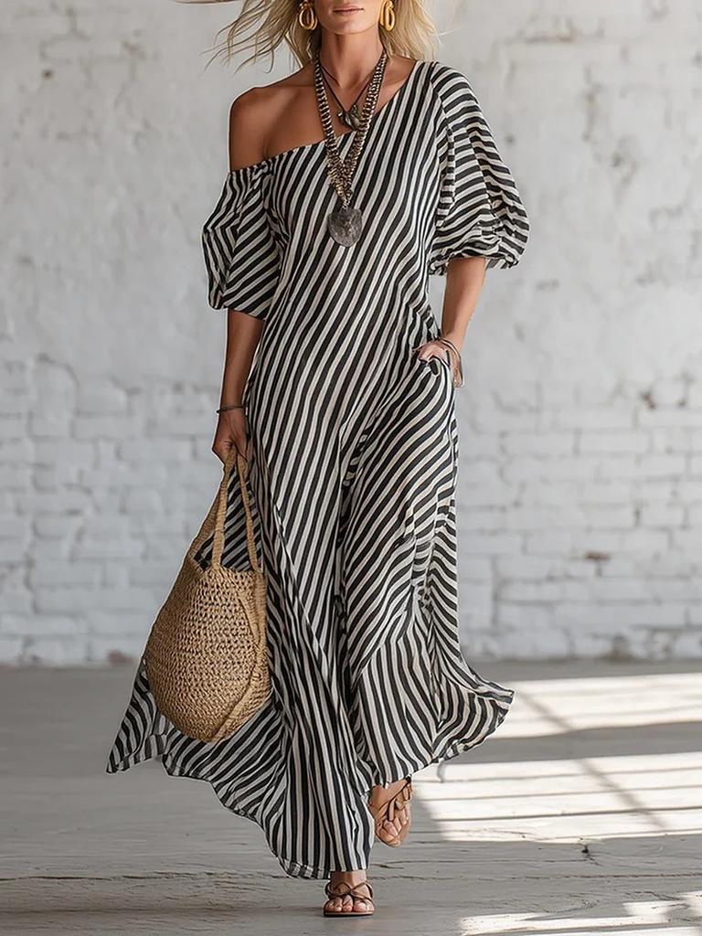 New Arrival Women's Spring Elegant Striped Off-Shoulder Dress