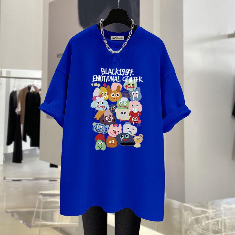 T-shirt Noir à Manches Courtes pour Femme Style Vintage Américain Été Mise à Jour Dessin Animé Doodle Grande Taille Coupe Confortable Coton Longueur Moyenne