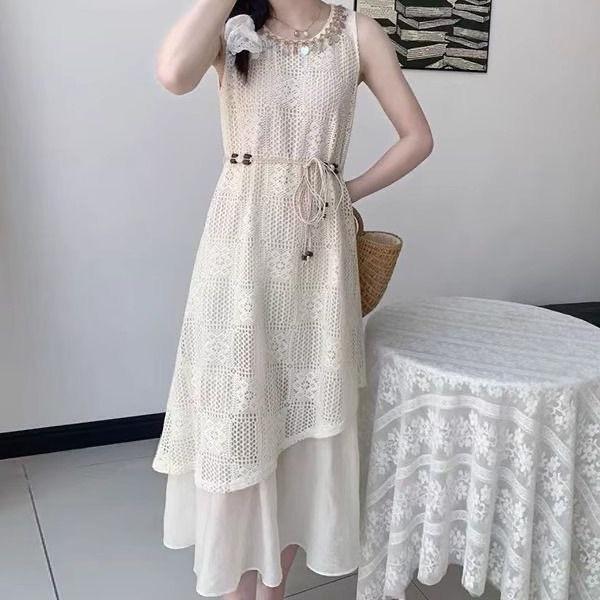 Popular Resort-Style Lace Cutout Sleeveless Dress with Ethnic Lace-Up Vest