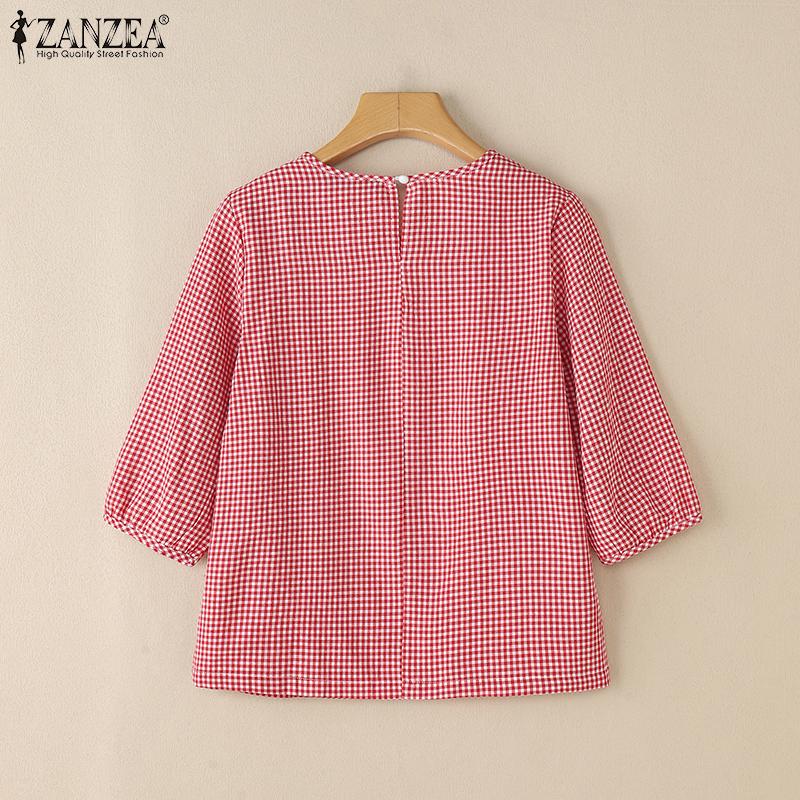 ZANZEA Women Vintage Round Neck 3/4 Sleeves Loose Plaid Blouses