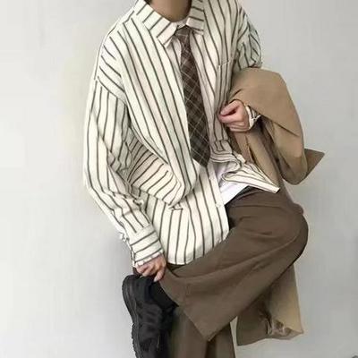 Men's Japanese Retro Striped Long Sleeve Shirt - Spring Hong Kong Style Loose Fit Top