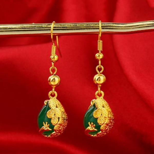 Retro Ethnic Phoenix Green Gold Tassel Earrings with Peacock Bead for Women