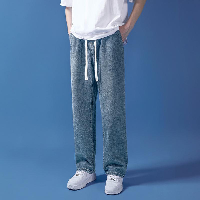Wide-leg jeans men's summer Harajuku casual simple trend loose drawstring straight mopping long pants