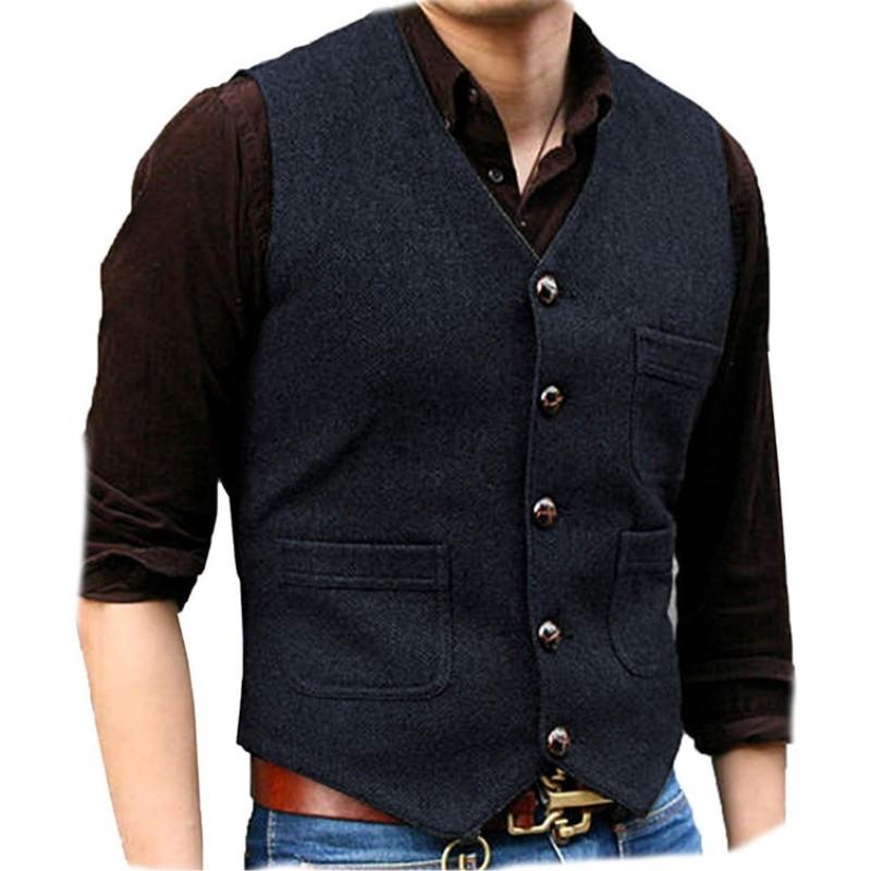 

Чоловічий діловий приталений однобортний жилет Молодіжний однотонний V-подібний жилет XS темно-синього кольору