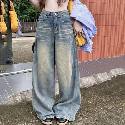 Spring Autumn Vintage Chicly Button Jeans Women Baggy High Waisted Denim Pants Washed Y2K Wide Leg Jean Trousers
