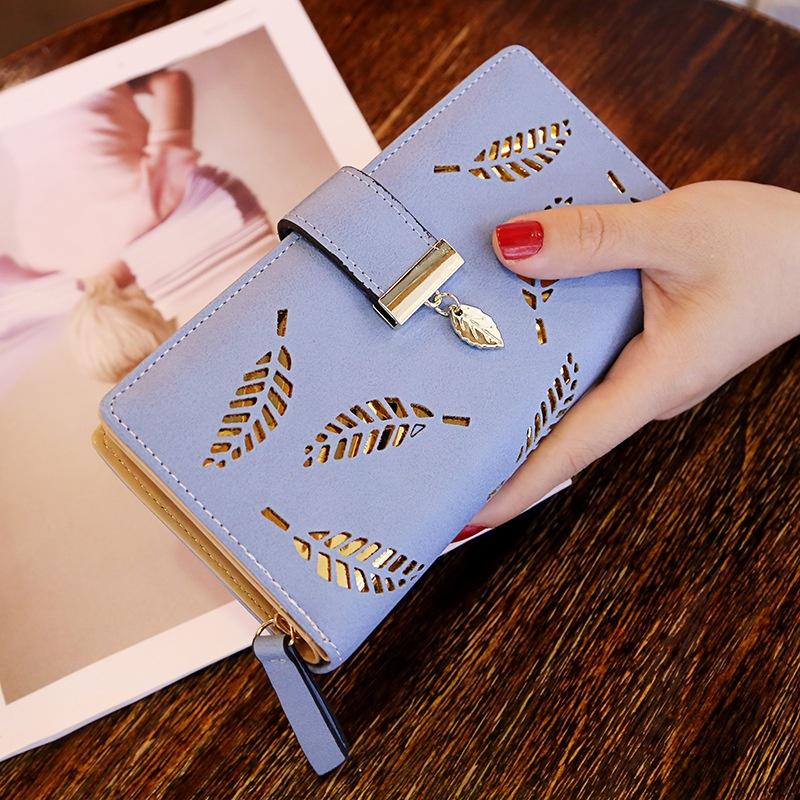 New Ladies Wallet Sweet Lady PU Leather Horizontal Section Zipper Female Middle Length Hollow Out Leaf Coin Purse
