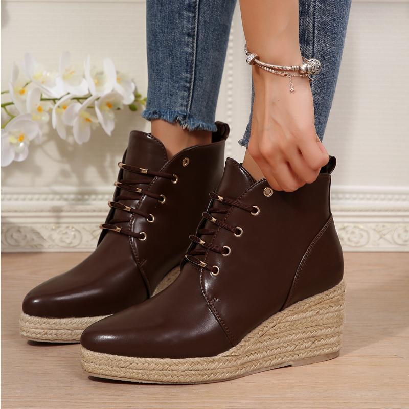 Fashion European American Slope Heel Short Boots 2024 Autumn New Style Thick Bottom Pointed Solid Color Grass Woven Hemp Bottom Boots