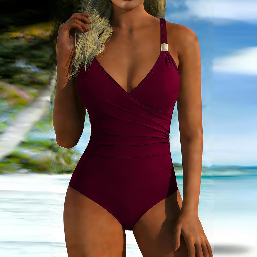 Women Swimsuit V Neck Ruched Design Adjustable Strap Bathing Suit with for Beach Pool