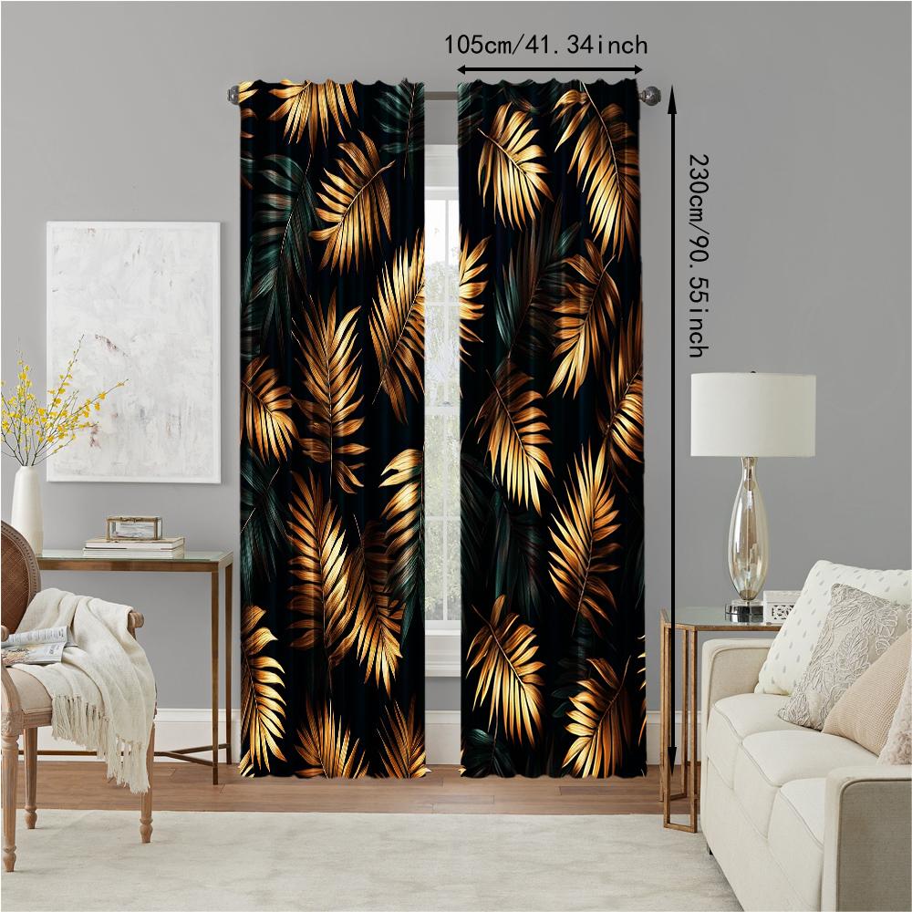 2 pcs   versatile polyester transparent curtains for home decoration Boho black Gold Leaf for use in bedrooms and living rooms