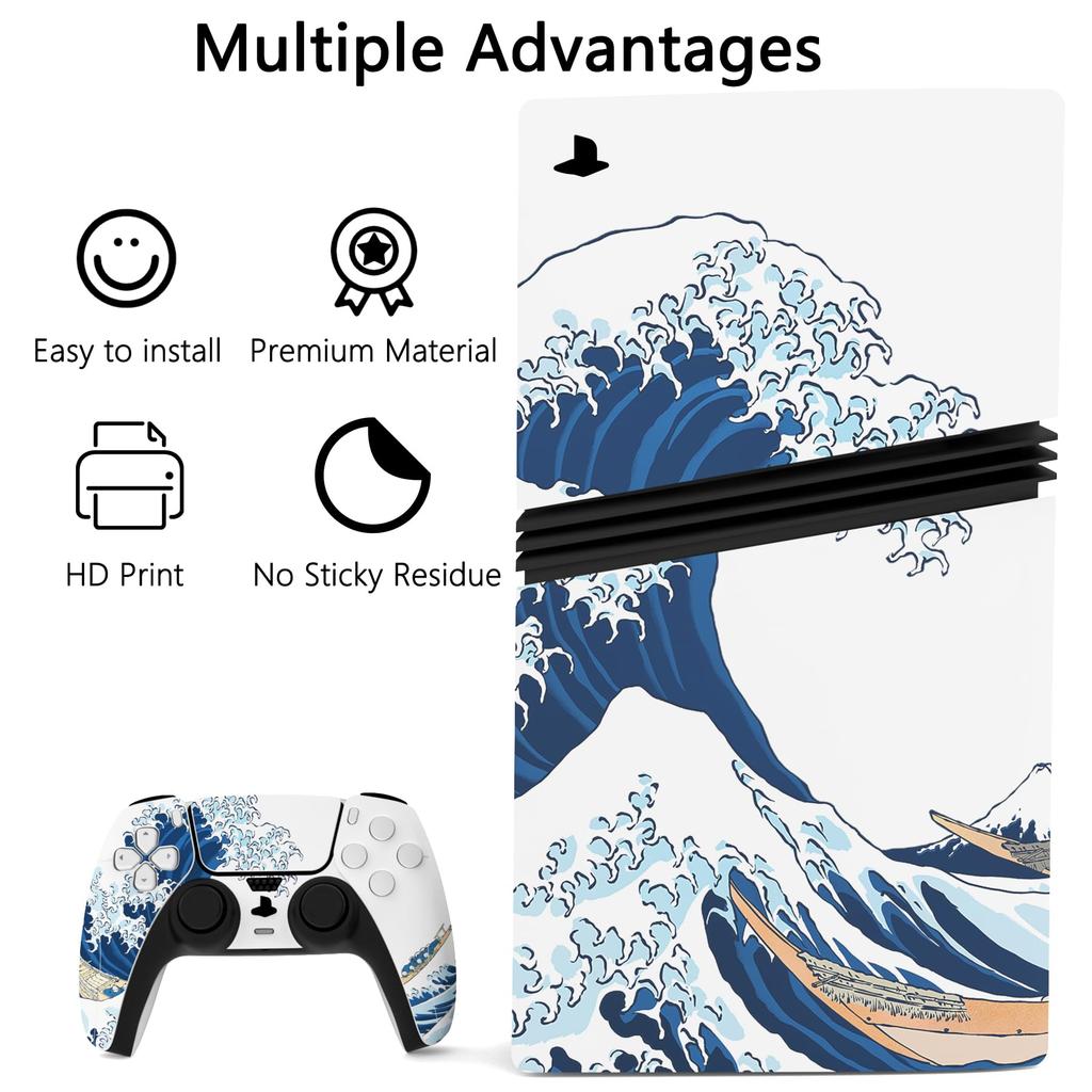 PlayVital ps5 Pro Gehäuse Komplettset Custom-Aufkleber für Digital- und Disc-Lademedien Fernbedienung Abziehbild-Aufkleberabdeckung Die große Welle vor kompatibel,