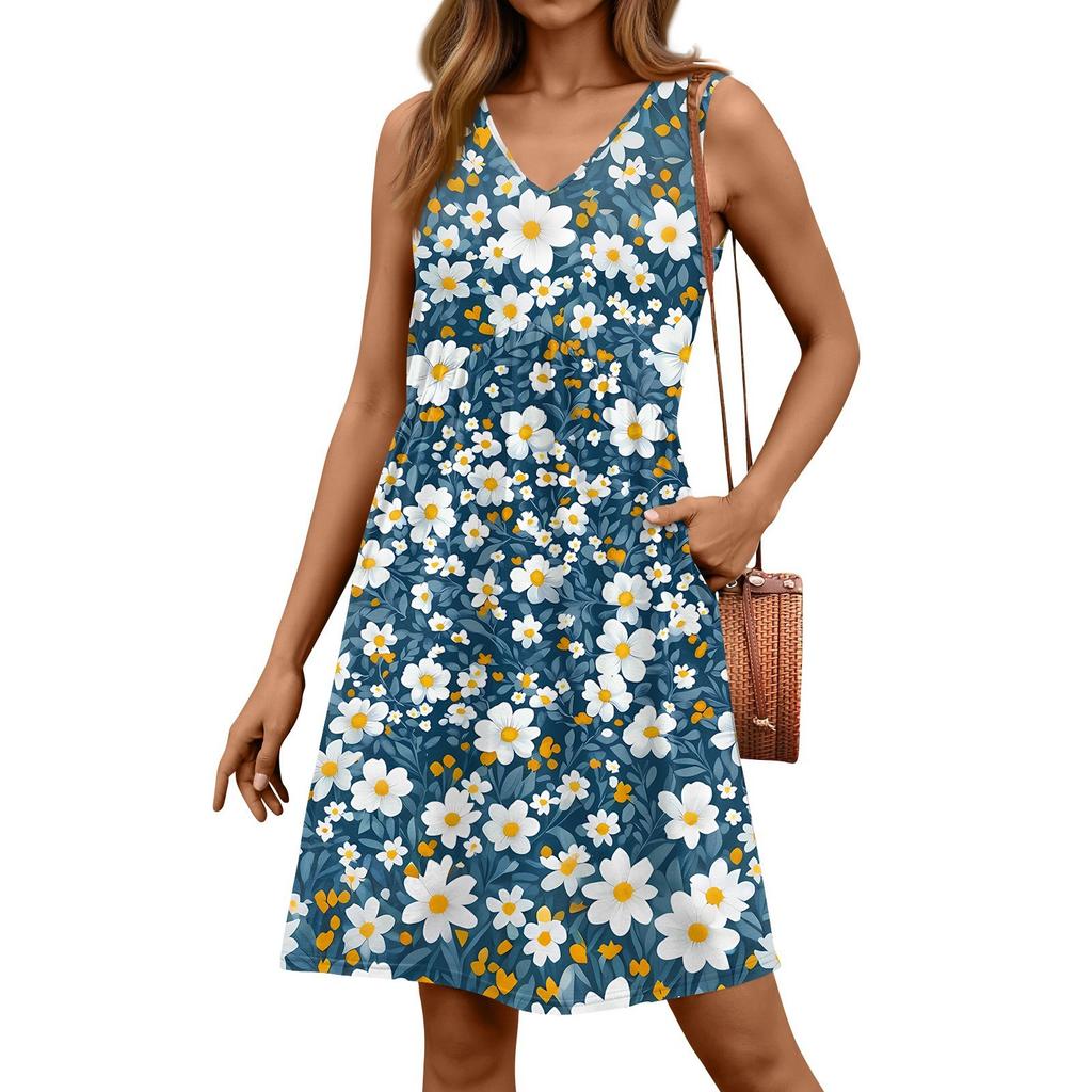 Damen V-Ausschnitt Lässig Strandurlaub Stil Vintage Einfarbig Ärmellos Splicing Kleider