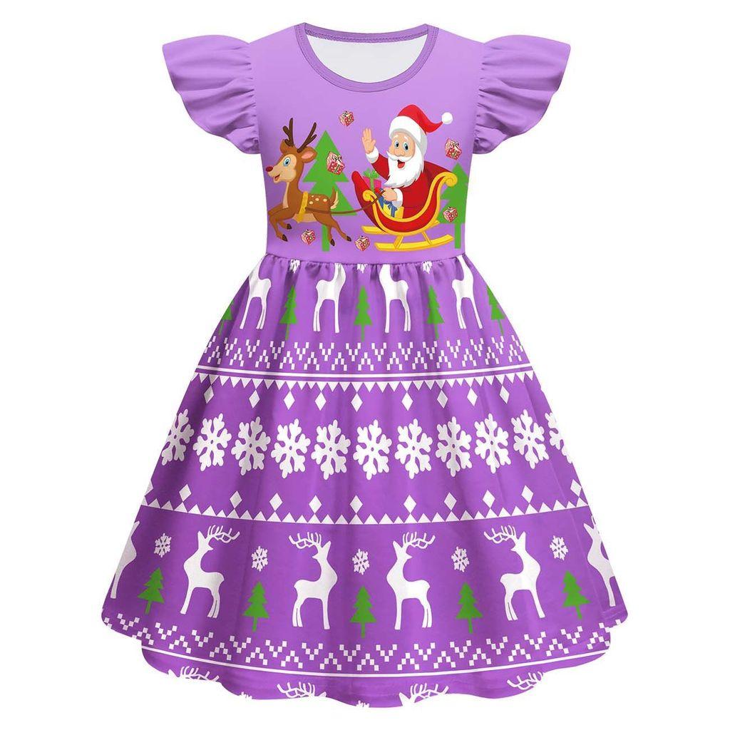 Kids Girls Cartoon Santa Claus Christmas Tree Elk Print Ruffle Sleevess New Year Dress