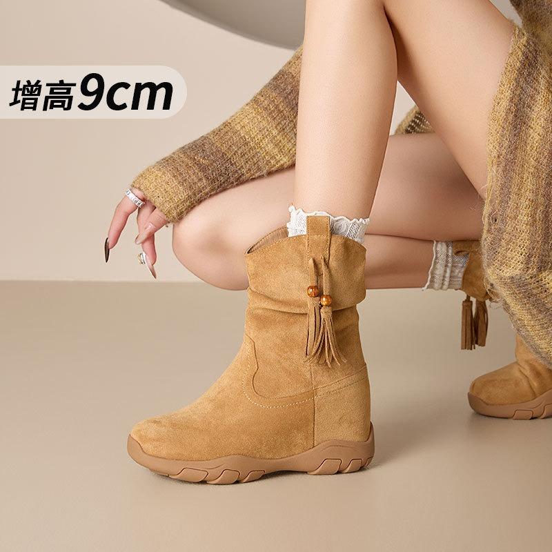 Inner heightening Martin boots women's new invisible cm medium tube stacking boots fleece thin high heel short boots