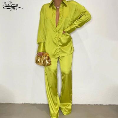 Casual φαρδιά σατέν μπλούζα γυναικεία σετ Κομψά μακρυμάνικα δύο κομμάτια Γυναικείο πουκάμισο ίσιο παντελόνι κοστούμι Γυναικείο μονόχρωμο μπλουζάκι