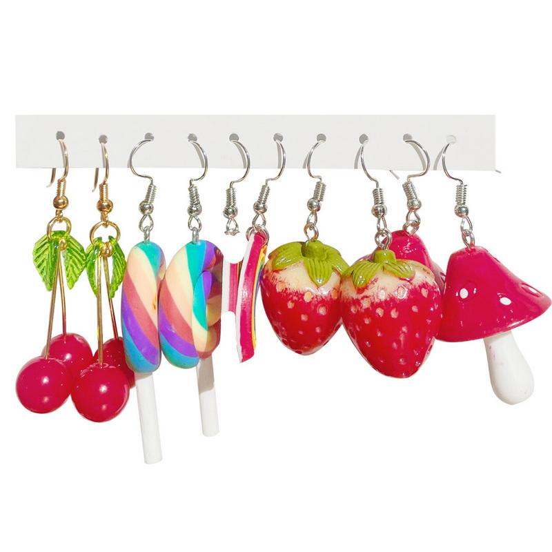 5pcs Fruit Candy Hoop Earrings Set for Women Cute Cartoon Pendant Piercing Ear Stud Drop Dangle Earring 2024 Jewelry Accessories