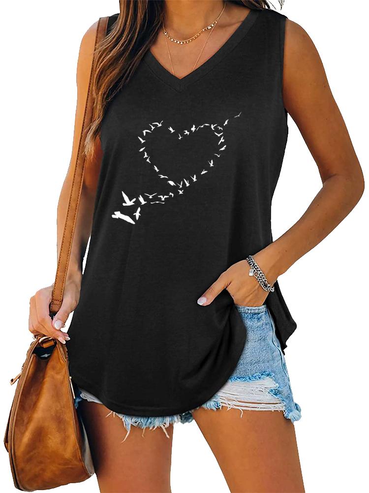 Women Fashion V Neck Printed Sleeveless Top Summer Casual Pullover Loose Tank Top