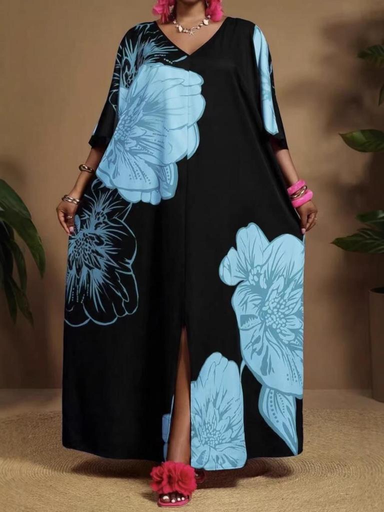 2026 European Summer Women's V-Neck Long Print Casual Fashion Dress