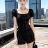 2026 Retro Puff Sleeve Two-Piece Women's Summer Set: Slim Short Sleeve Top & Shorts