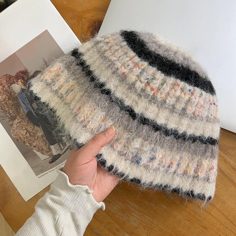 New Striped Basin Hat Winter Warm Knitted Plush Fisherman Hat Korean Style Versatile Wool Bucket Hat for Women