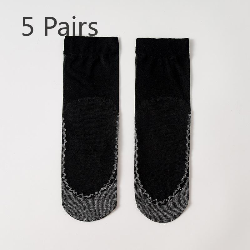 5 Pairs of Cotton-bottom Moisture-absorbing Silk Stockings - Summer Lightweight, Breathable Women's Solid-color Anti-slip Crystal Stockings