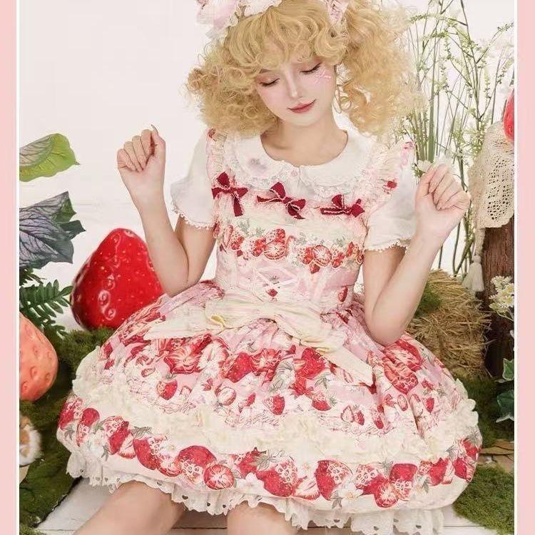 Strawberry Retro Aesthetic Japanese Lolita Strap Dress Pleated Dress Cute Frill Comic Show Cosplay Kawaii Girl Outfit