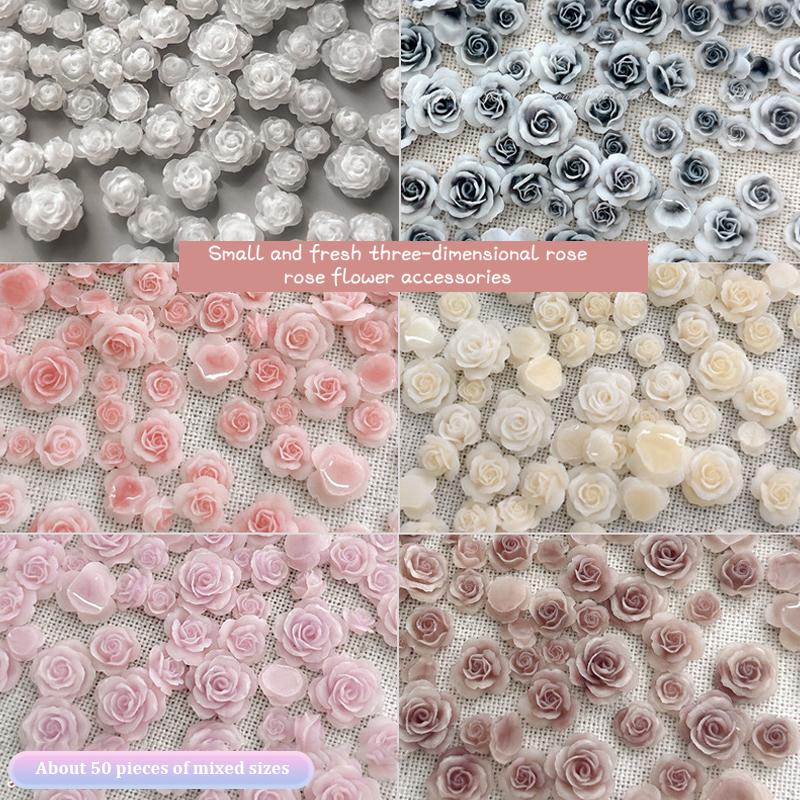 50Pcs Diy Nail Art Decor 3D Rosa Chinensis Flower Rose Flower Nail Drills Mixed Size Camellia Flower Nail Drill Manicure Design