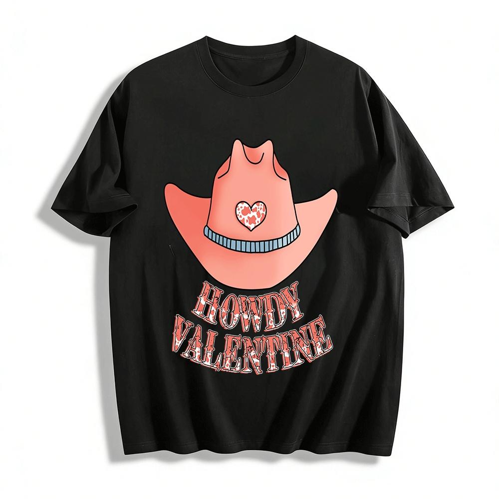 Howdy Valentine Western Cowboy Hat Heart Print Casual Top Pure cotton T-shirt XXS