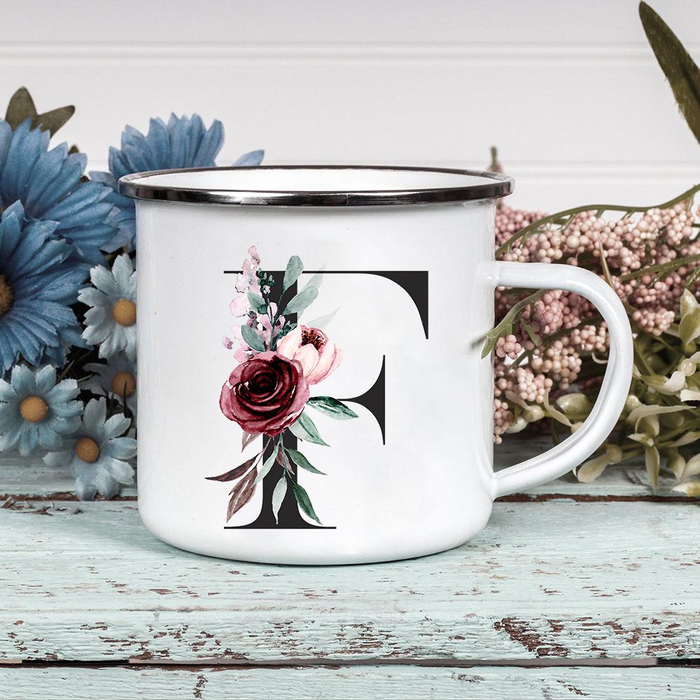 Alphabet Blumen A-Z Vintage Emaille Kaffee Tee Tassen Urlaub Camping Getränke Saft Bier Tassen Zuhause Büro Milch Tasse Geburtstagsgeschenke