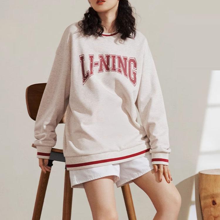 Li Ning Sports Lifestyle Series Letter Print Fleece Crew Neck Pullover Long Sleeve Sweatshirt Unisex Sweatshirt Flower-Gray Tile-Gray AWDTB51-1