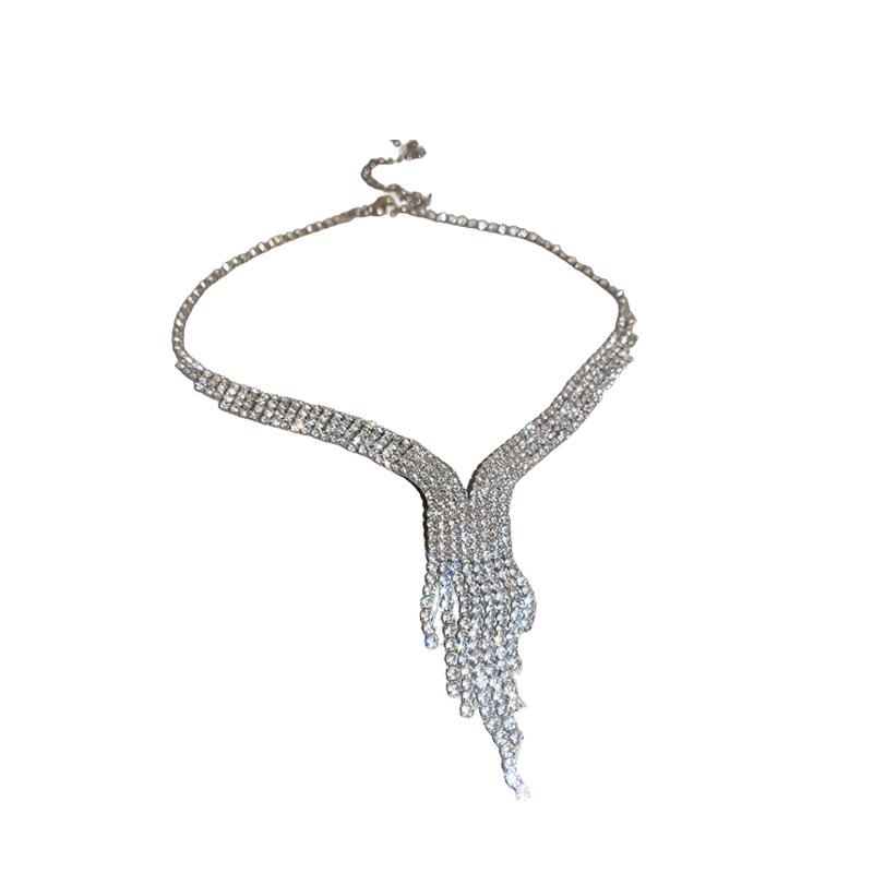 Exquisite Rhinestone Teardrop Tassel Necklace & Earrings Set - European & American Light Luxury Clavicle Chain for Women