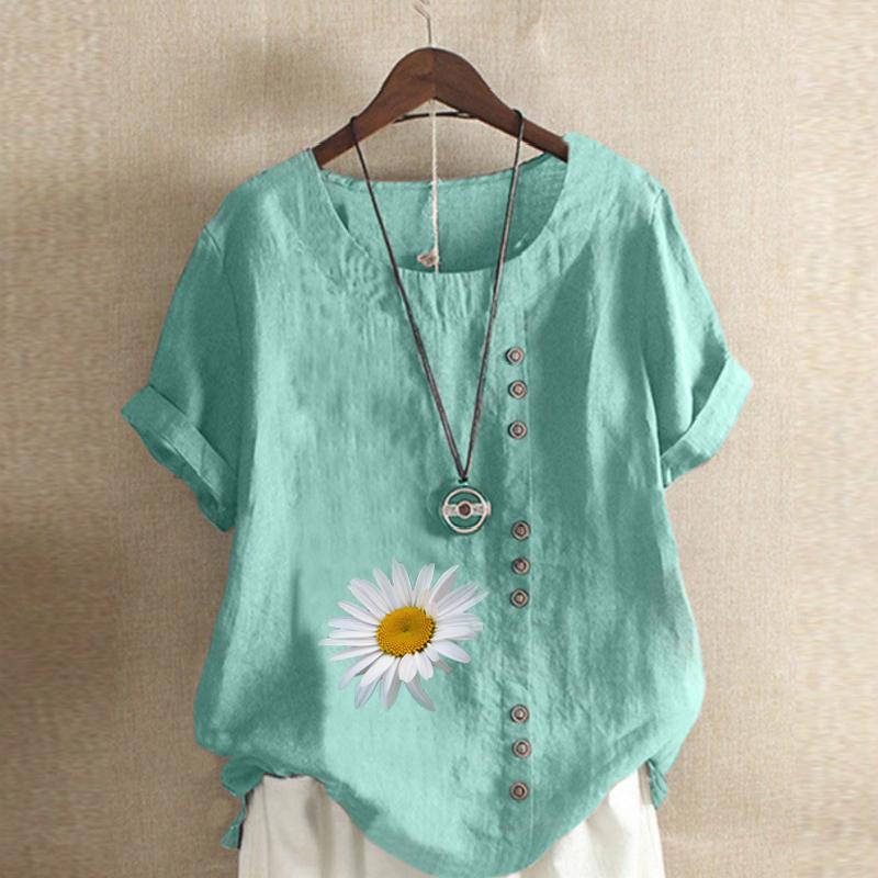 Women's Fashion Round Neck Short Sleeve T-shirt Casual Cotton Linen Graphic Shirt Leisure Loose Flower Prined Summer Blouse Tops