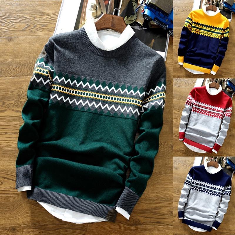 Men Slim Knit Color Block Sweater Crew Neck Jumper Top Winter Pullover Knitwear
