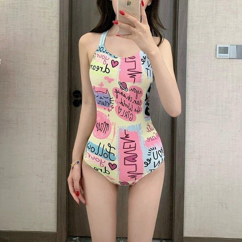 

Cute Graffiti Swimsuit Women s One-piece Triangle Racing Low Fork Conservative Slightly Fat Large Size Hot Vacation L
