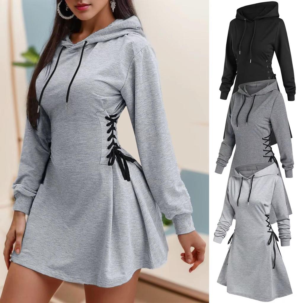 Herbst Damen Schlanke Taille Langes Kapuzen-Sweatshirt