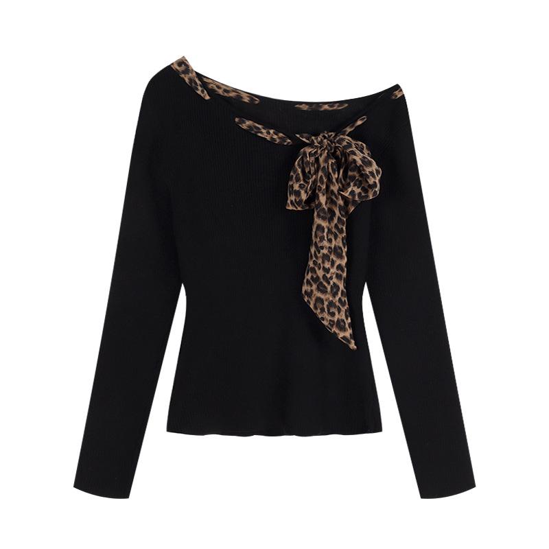 

Осенний черный топ с открытыми плечами и леопардовым принтом для женщин — шикарный, милый и стильный Small чёрный