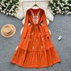 Vintage Western Style Embroidered V-neck Strap Up Waist Long Sleeve Dress for Women French Elegant Grand Swing Long Dress