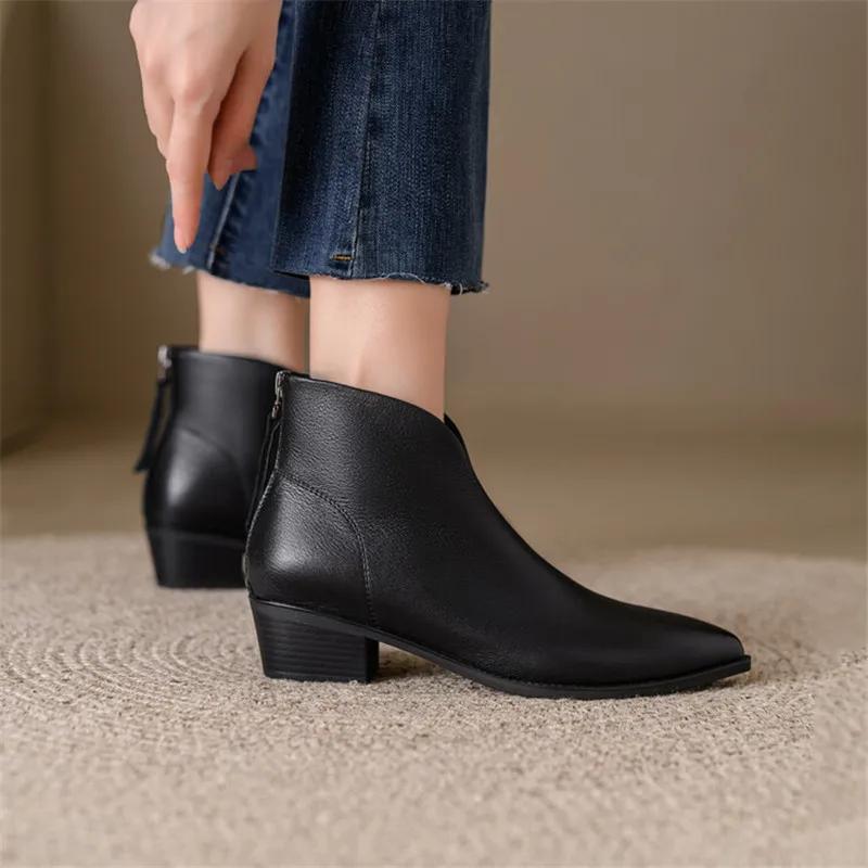 Fashion New Women Genuine Leather Ankle Boots Pointed Toe Chunky Heel Boots for Women Winter Fashion Short Boots Concise Women Boots