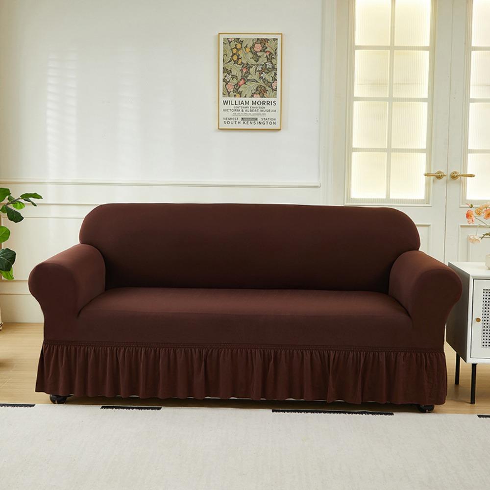 Elastic Solid Color Sofa Cover Full Protection Slip Resistant Minimalist Skirted Design
