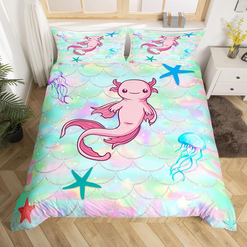 Cartoon Axolotl Duvet Cover Queen Twin Size Salamander Bedding Set for Kids Boys Girls Kawaii Sealife Creature Comforter Cover