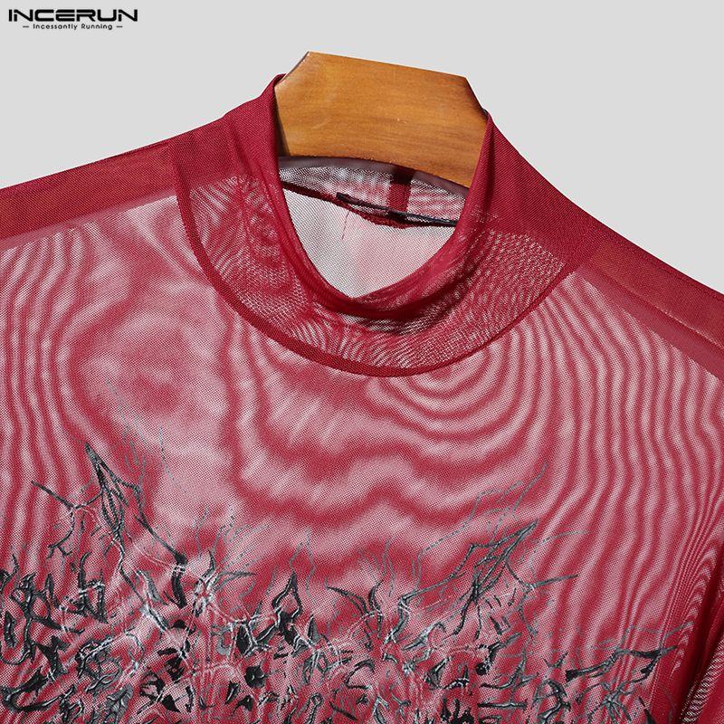 INCERUN Men Turtleneck Long Sleeve Mesh Sheer Transparent Fitted Party Clubwear T-shirts