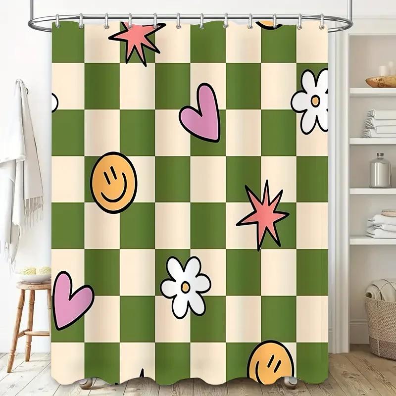 Stylish Green And Beige Checkered Shower Curtain With Cute Patterns For Your Home Bathroom Decorationwaterproof Polyesterfabric