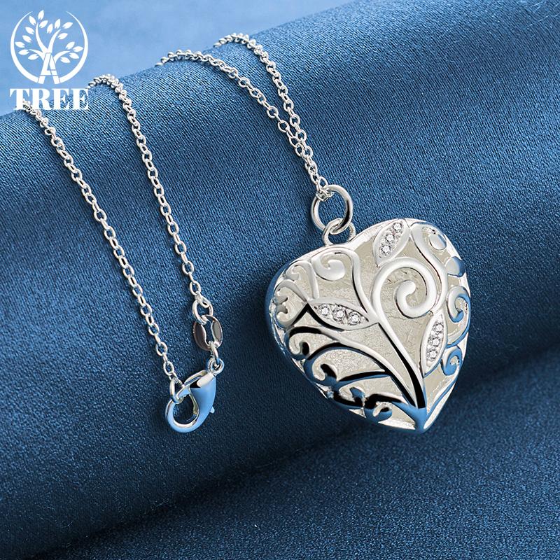925 Sterling Silver 18 Inch Stereoscopic Heart AAA Zircon Pendant Necklace Jewelry
