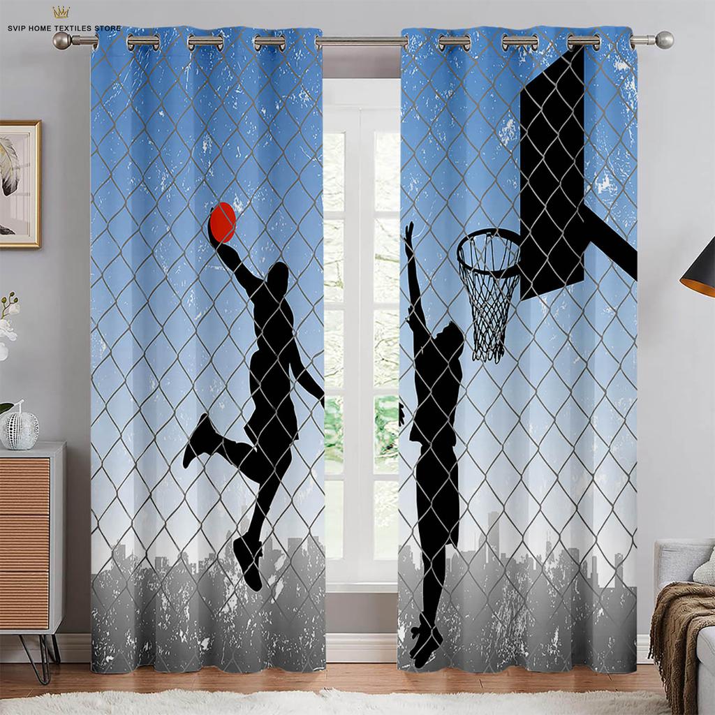 Maschinenwaschbare Vorhänge mit Basketball-Print, Schlafzimmer, Wohnzimmer, Küche, Club, Wohnheim, Dekorativ, 2 Stück