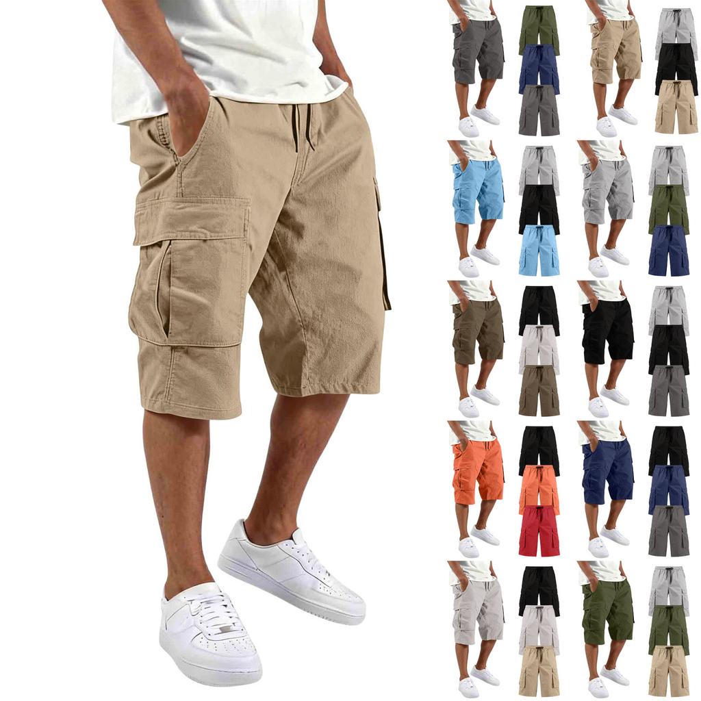 Mens Cargo Shorts 3 Pack Multi Pocket Drawstring Waist Relaxed Fit Knee Length Workwear Shorts for Daily Wear
