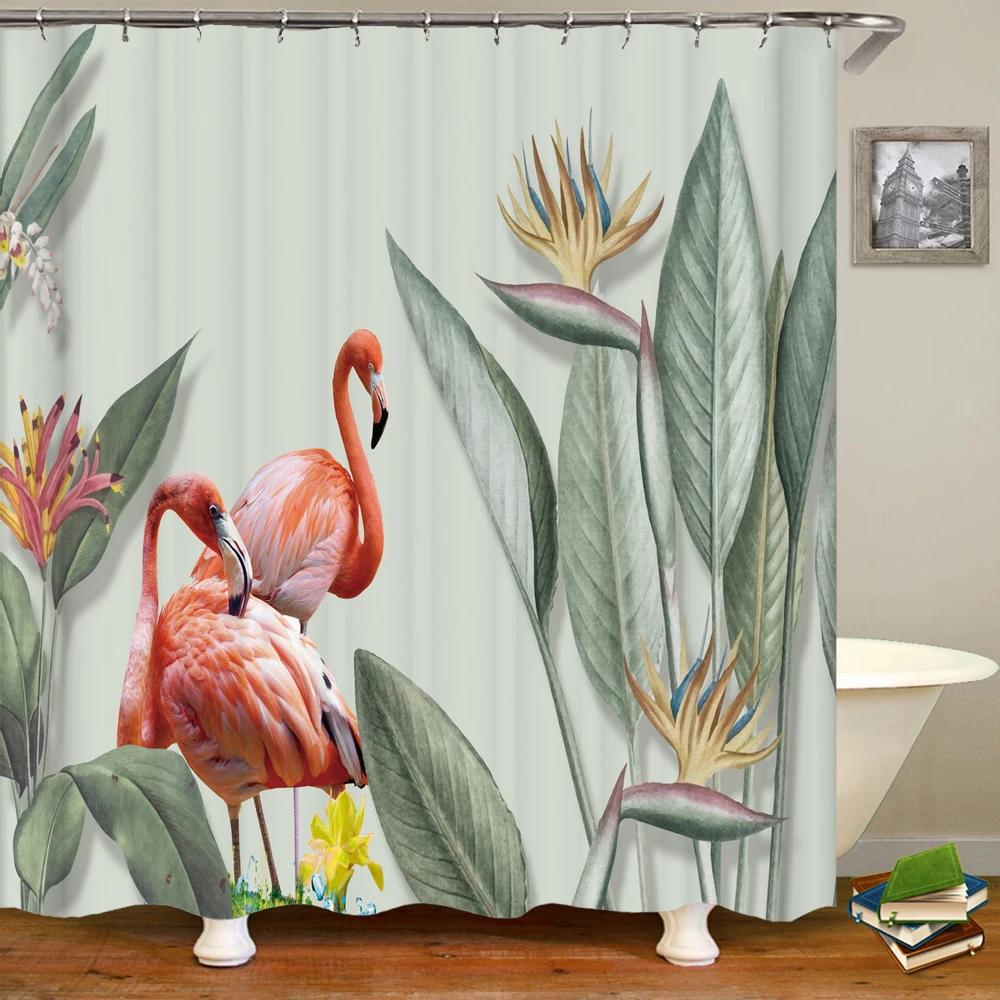 Flamingo Shower Curtain 3D Printing Plants Flowers Birds Waterproof Polyester Curtain Beach Shower Curtains Bathroom Home Decor