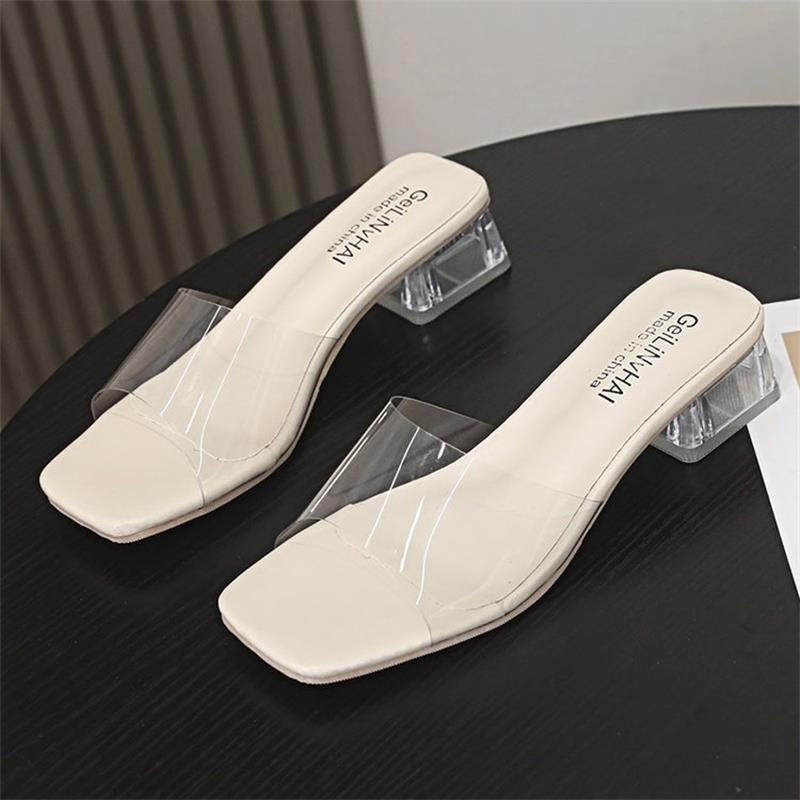Thick Heel Spring and Summer New Female Cool Slippers Fairy Fashion Transparent Fashion Outer Wear Crystal Square Head Word Female Slippers