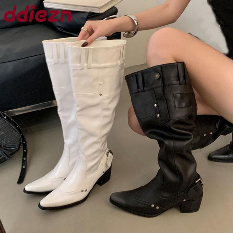Fashion Fashion Buckle Women Knee High Western Boots With Heels Shoes Female Pointed Toe Footwear Modern Ladies Long Booties Pumps Shoes