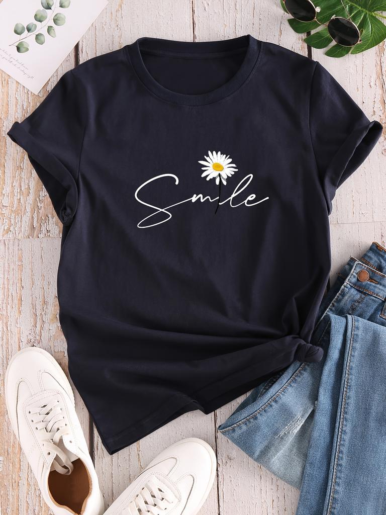 Flower & Letter Print Crew Neck T-Shirt, Casual Short Sleeve T-Shirt For Spring & Summer, Women's Clothing Unisex