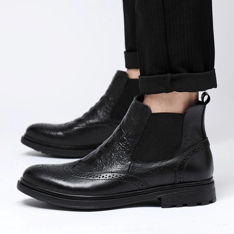 Fashion Genuine Leather Fashion Mens Shoes Retro Casual Male Boots All-match Motorcycle Ankle Boots Men Winter Warm Winter Brogue Shoes