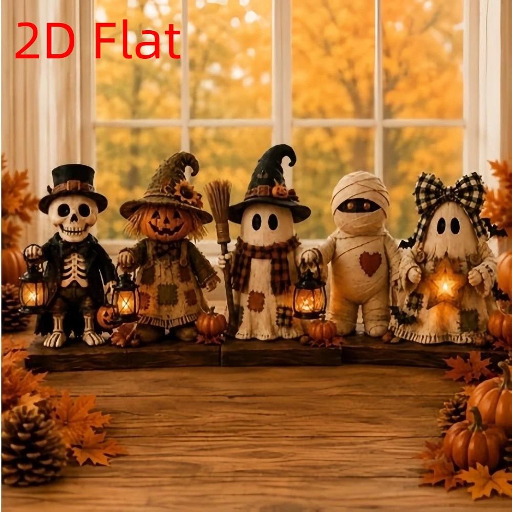 Vintage Halloween Wooden Lantern Ghost Figurine Plaid Bow Ghost Ornament  Fall Countryside